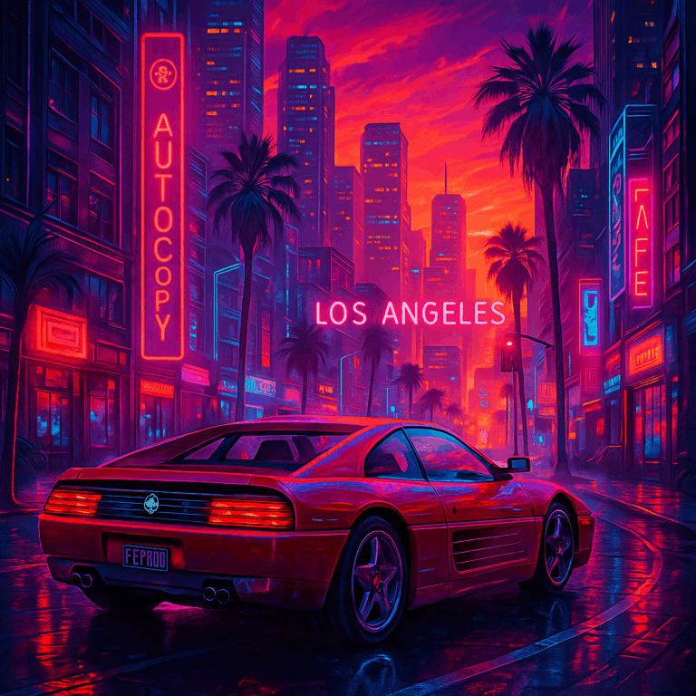 Ferrari 355 em cenário Cyber Punk com letreiro em neon destacando o AutoCopy PRO, um GPT que entrega descrições prontas para carros. Técnica + copy afiada para posts de concessionária. Para usar direto no ChatGPT. R$147/anual.