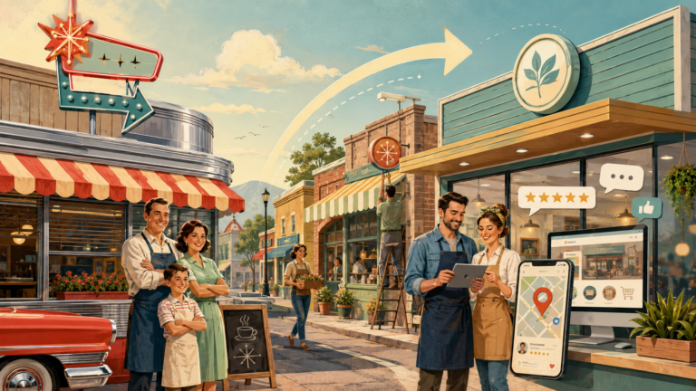 Ilustração de uma empresa familiar evoluindo de um comércio local tradicional para um negócio moderno com presença digital.
